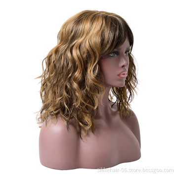 Hot Selling Heat Resistant Ombre Brown Black Blonde Pink Silky Curly Wig For Women Synthetic Short Water Wavy Wigs With Bangs